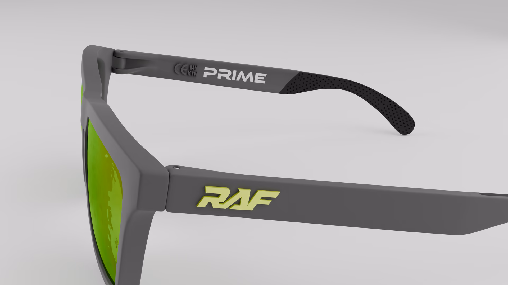 RAF Prime — Matte Nardo Grey in Matte Nardo Grey / Green — outer temple detail