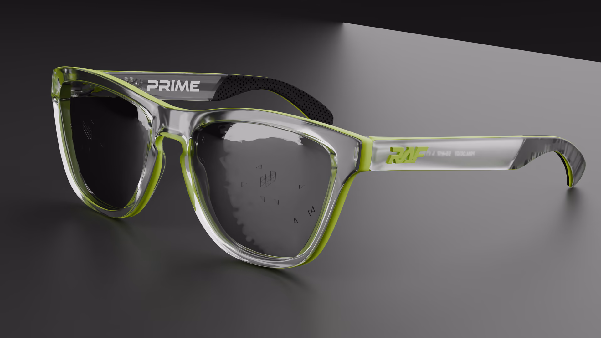 RAF Prime — Matte Neon / Transparent Clear in Matte Neon / Transparent Clear / Silver — three-quarter view