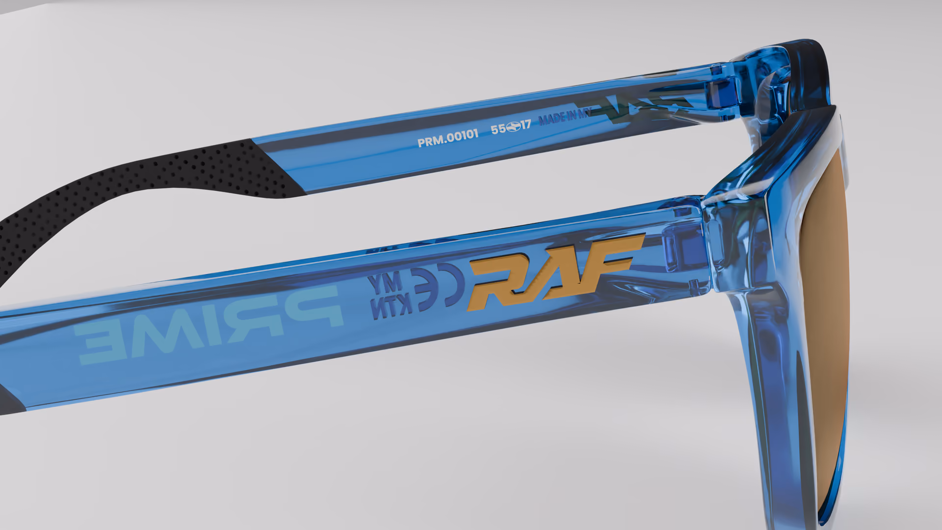 RAF Prime — Transparent Crystal Blue in Transparent Crystal Blue / Gold — inner temple detail
