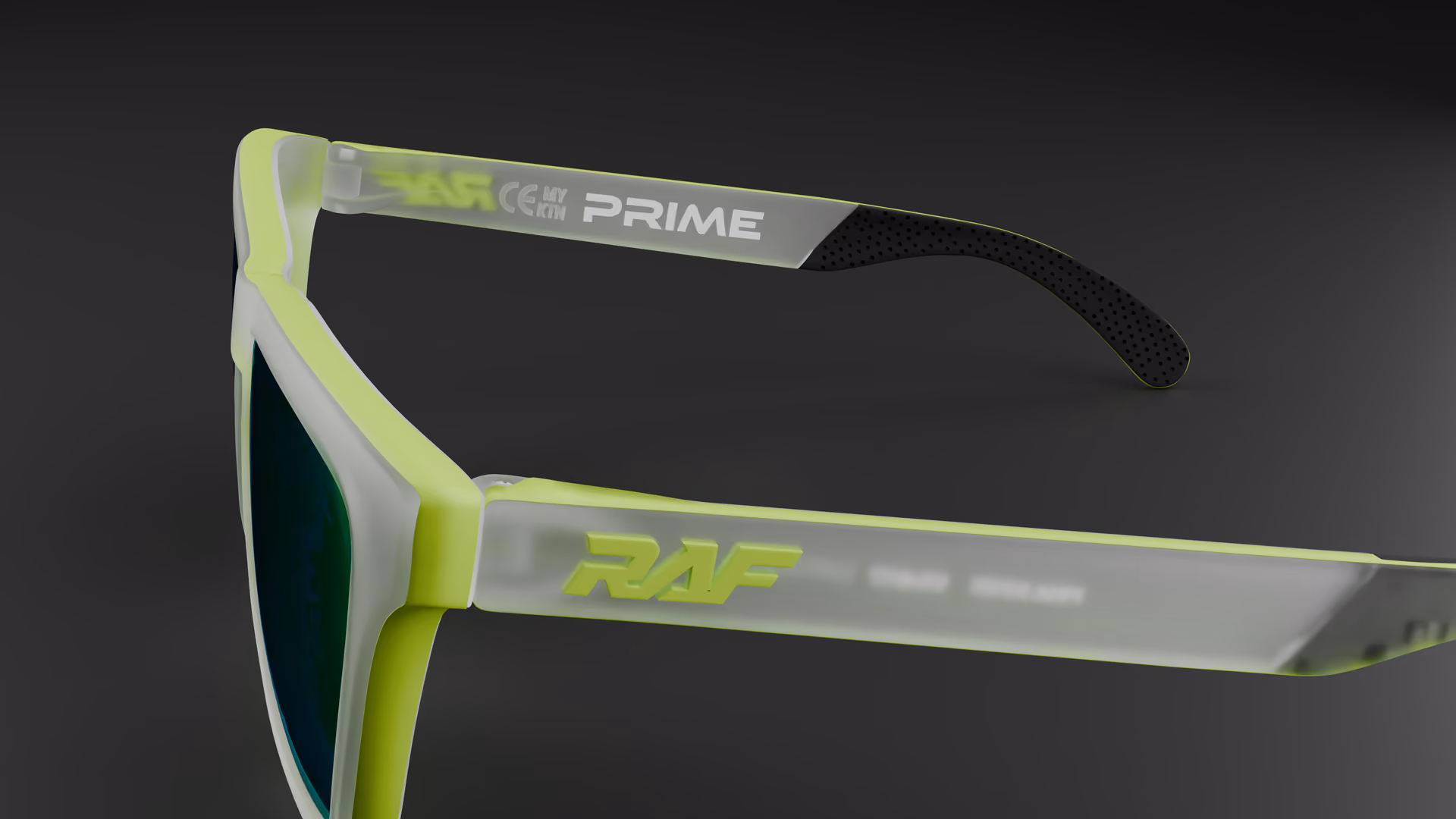 RAF Prime — Matte Neon / Transparent Clear in Matte Neon / Transparent Clear / Green — outer temple detail