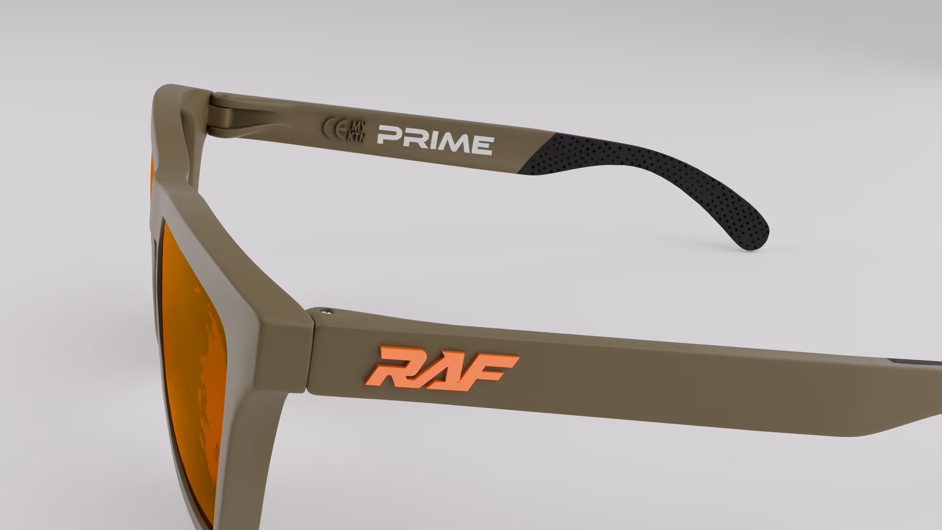RAF Prime — Matte Green Army in Matte Green Army / Red Ruby — outer temple detail