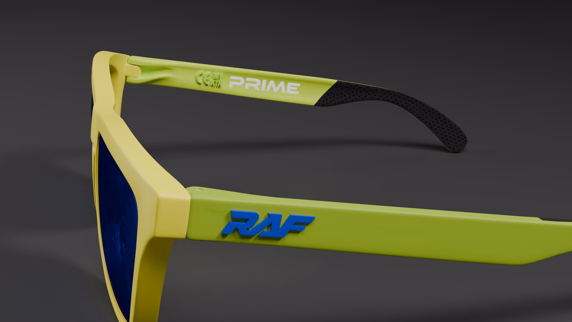 RAF Prime — Neon Green / Yellow in Neon Green / Yellow / Blue — outer temple detail