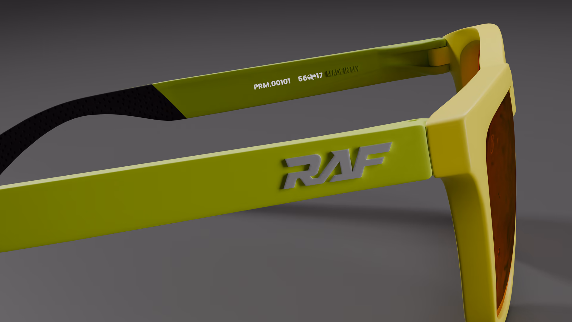 RAF Prime — Neon Green / Yellow in Neon Green / Yellow / Red Ruby — inner temple detail