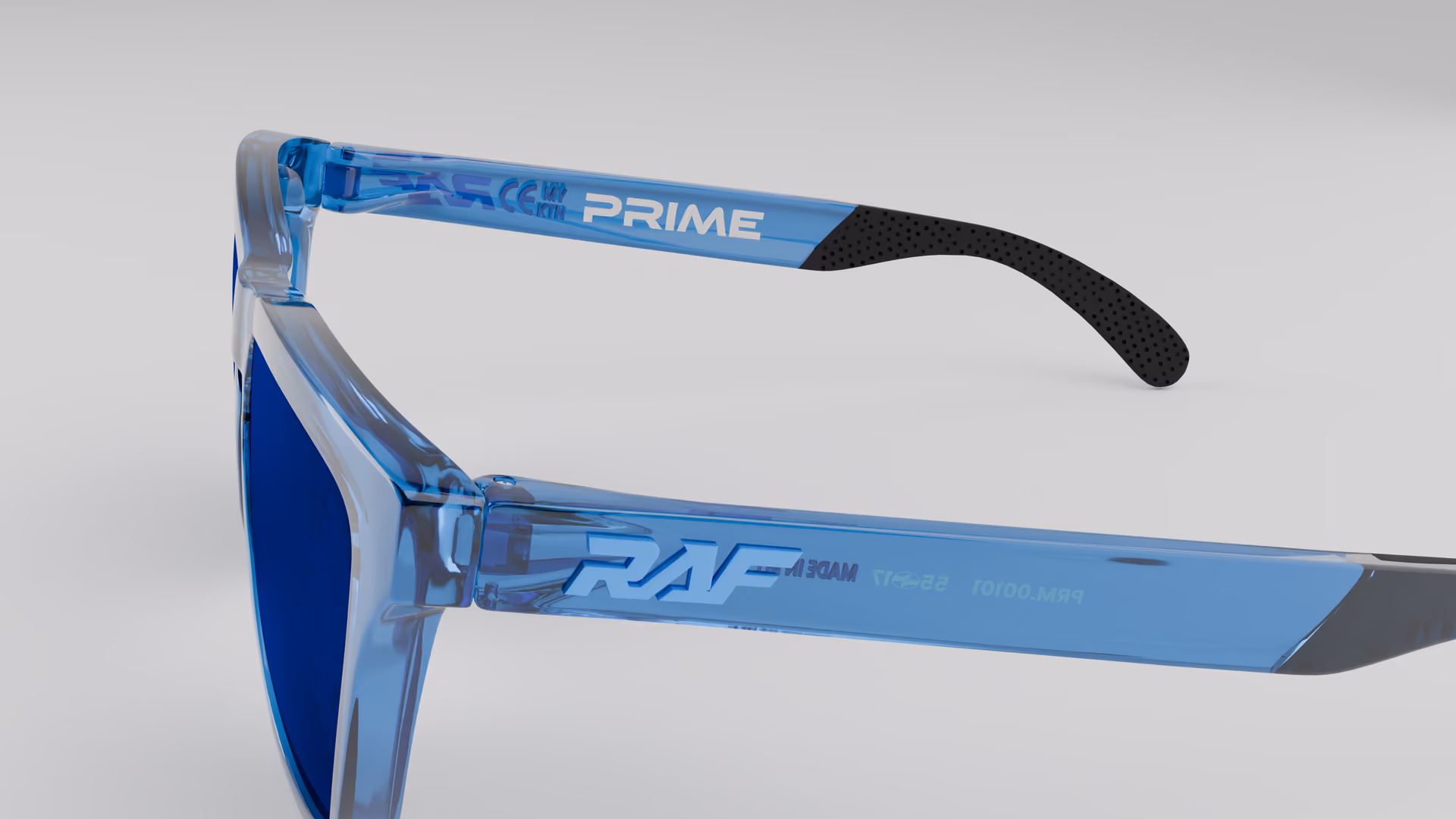 RAF Prime — Transparent Crystal Blue in Transparent Crystal Blue / Blue — outer temple detail