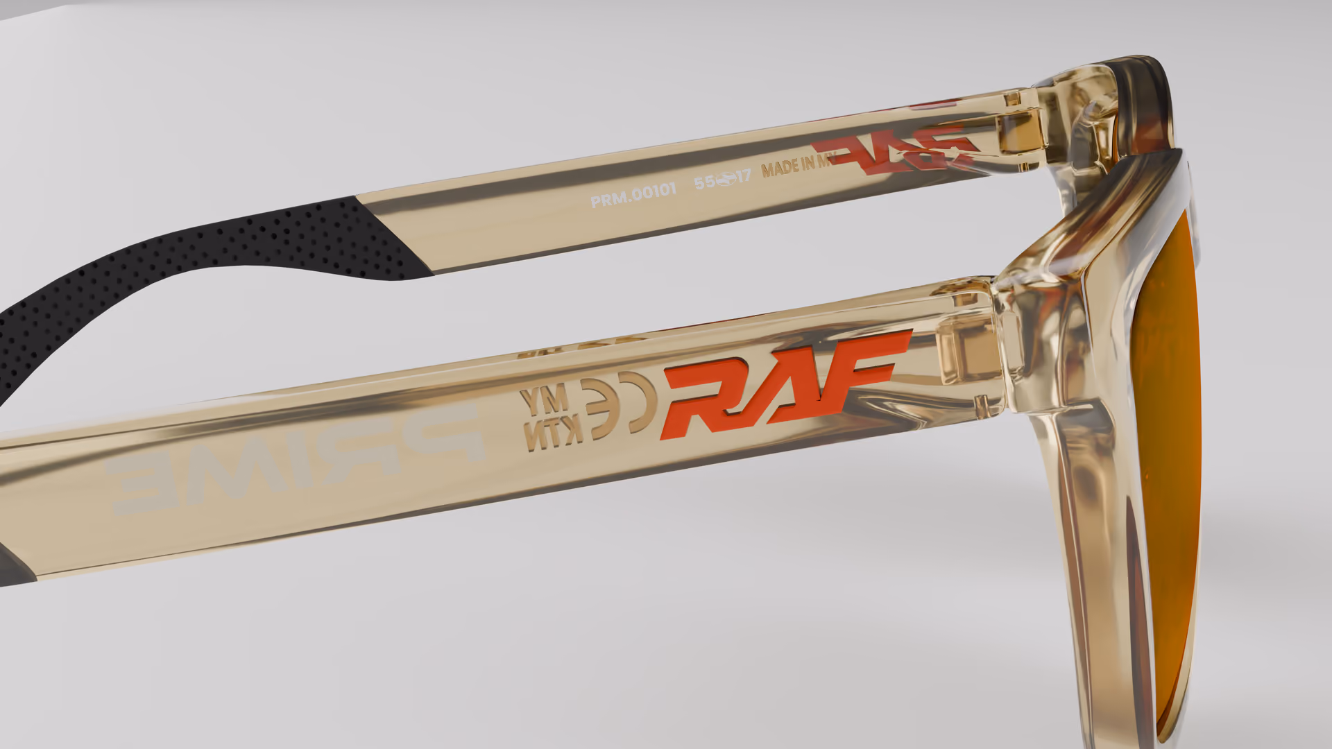 RAF Prime — Transparent Crystal Gold in Transparent Crystal Gold / Red Ruby — inner temple detail