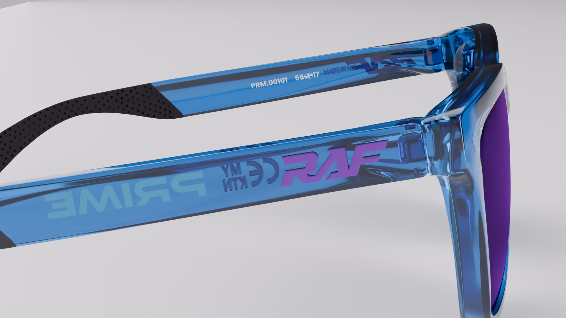 RAF Prime — Transparent Crystal Blue in Transparent Crystal Blue / Purple — inner temple detail