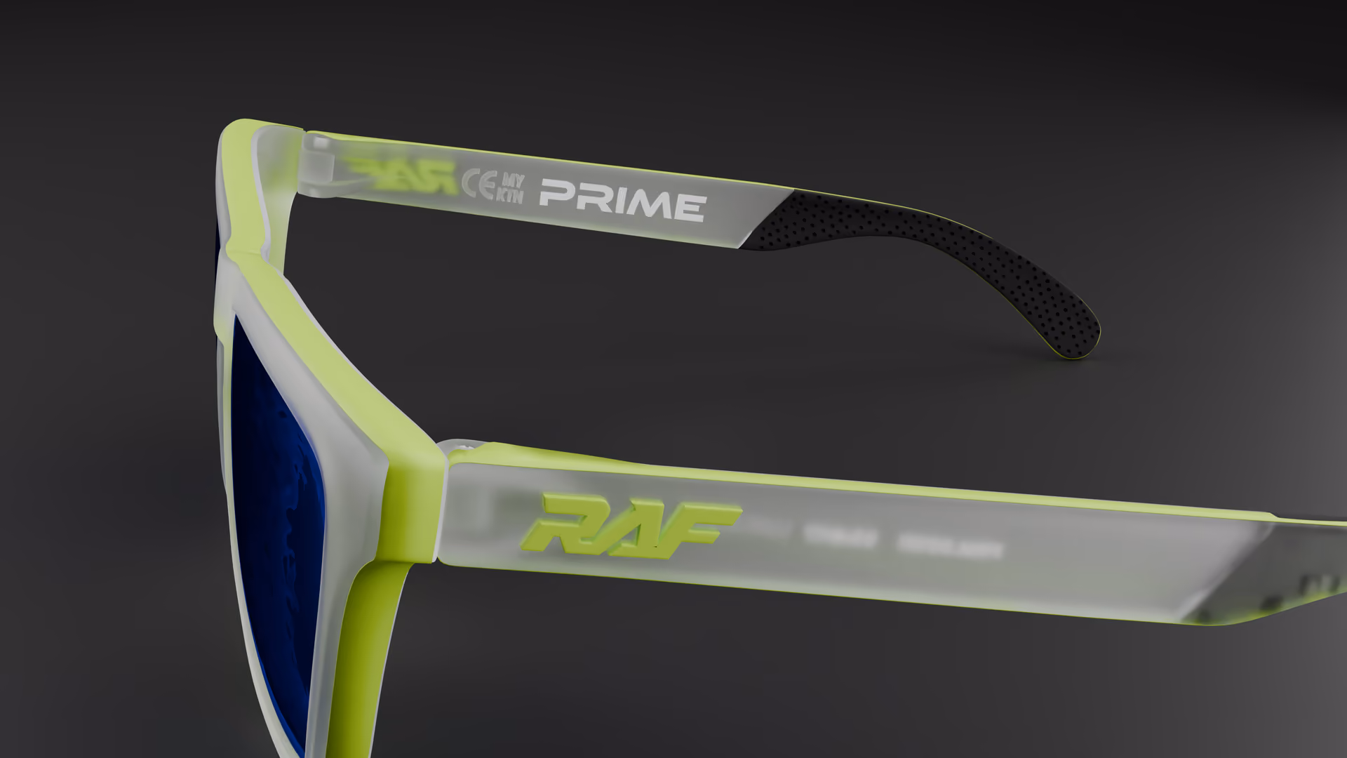 RAF Prime — Matte Neon / Transparent Clear in Matte Neon / Transparent Clear / Blue — outer temple detail