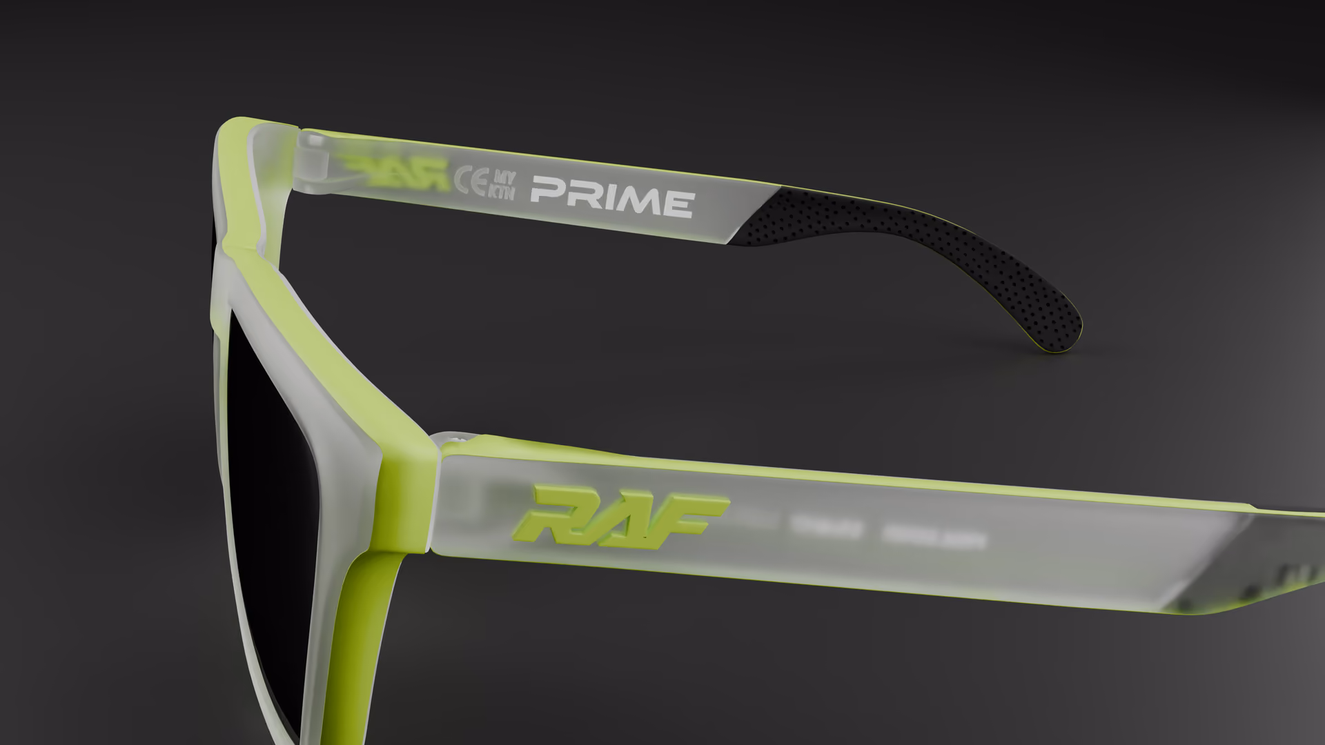 RAF Prime — Matte Neon / Transparent Clear in Matte Neon / Transparent Clear / Black — outer temple detail