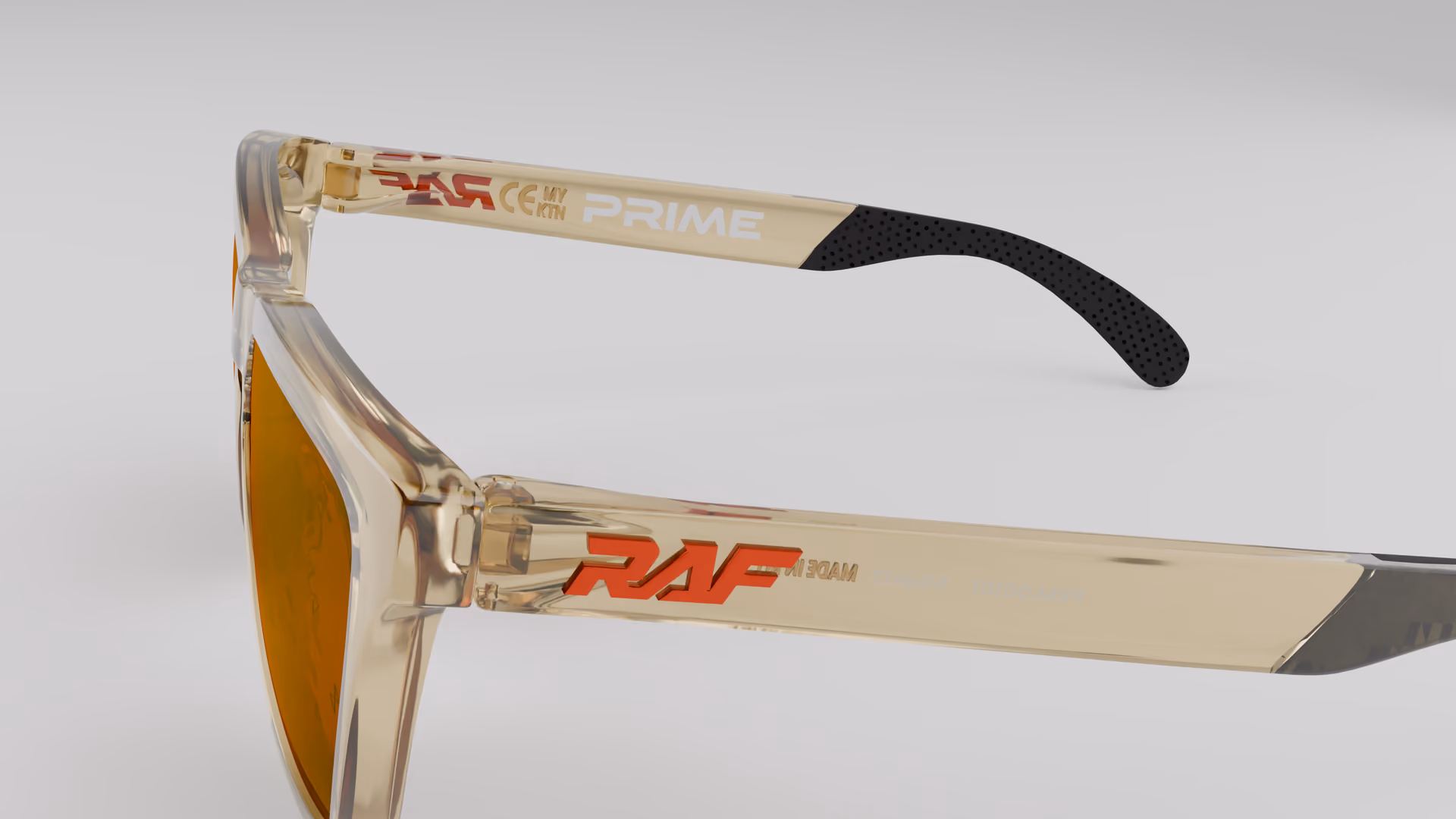 RAF Prime — Transparent Crystal Gold in Transparent Crystal Gold / Red Ruby — outer temple detail