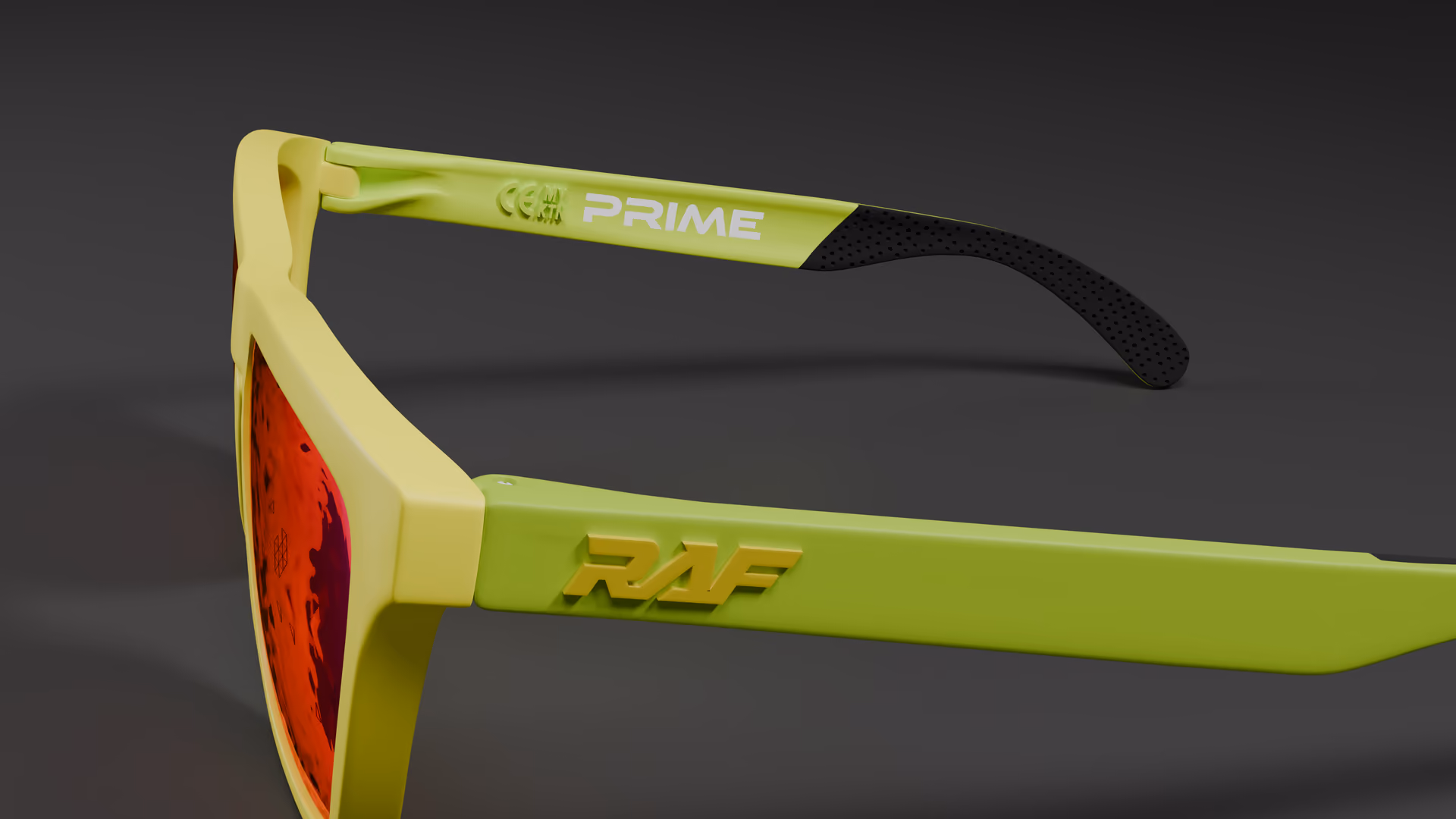 RAF Prime — Neon Green / Yellow in Neon Green / Yellow / Light Pink Purple — outer temple detail