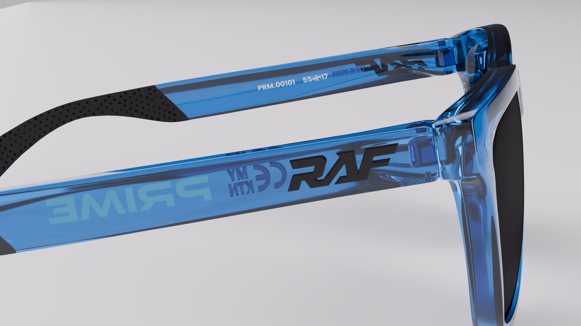 RAF Prime — Transparent Crystal Blue in Transparent Crystal Blue / Black — inner temple detail