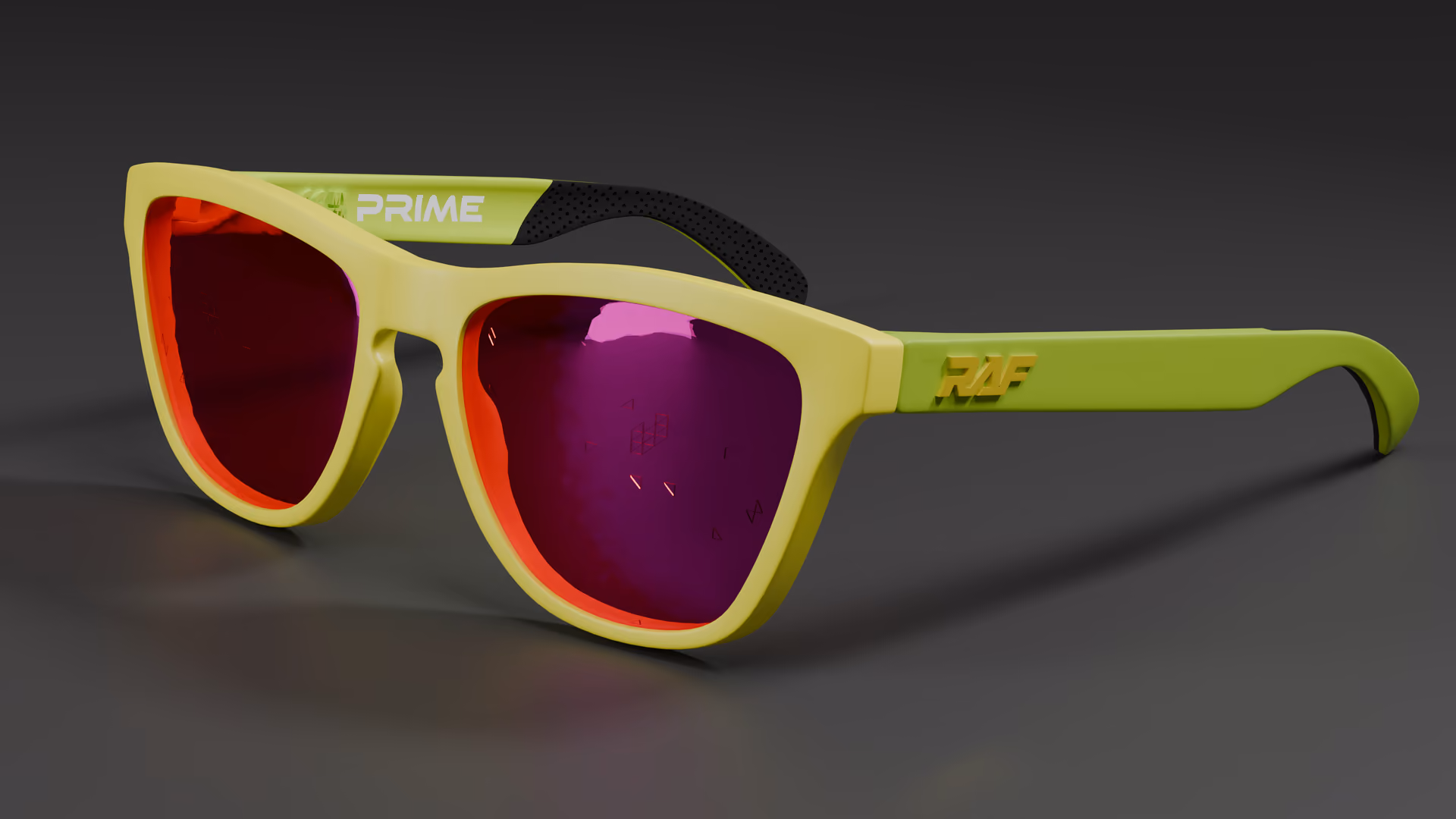 RAF Prime — Neon Green / Yellow in Neon Green / Yellow / Light Pink Purple — three-quarter view