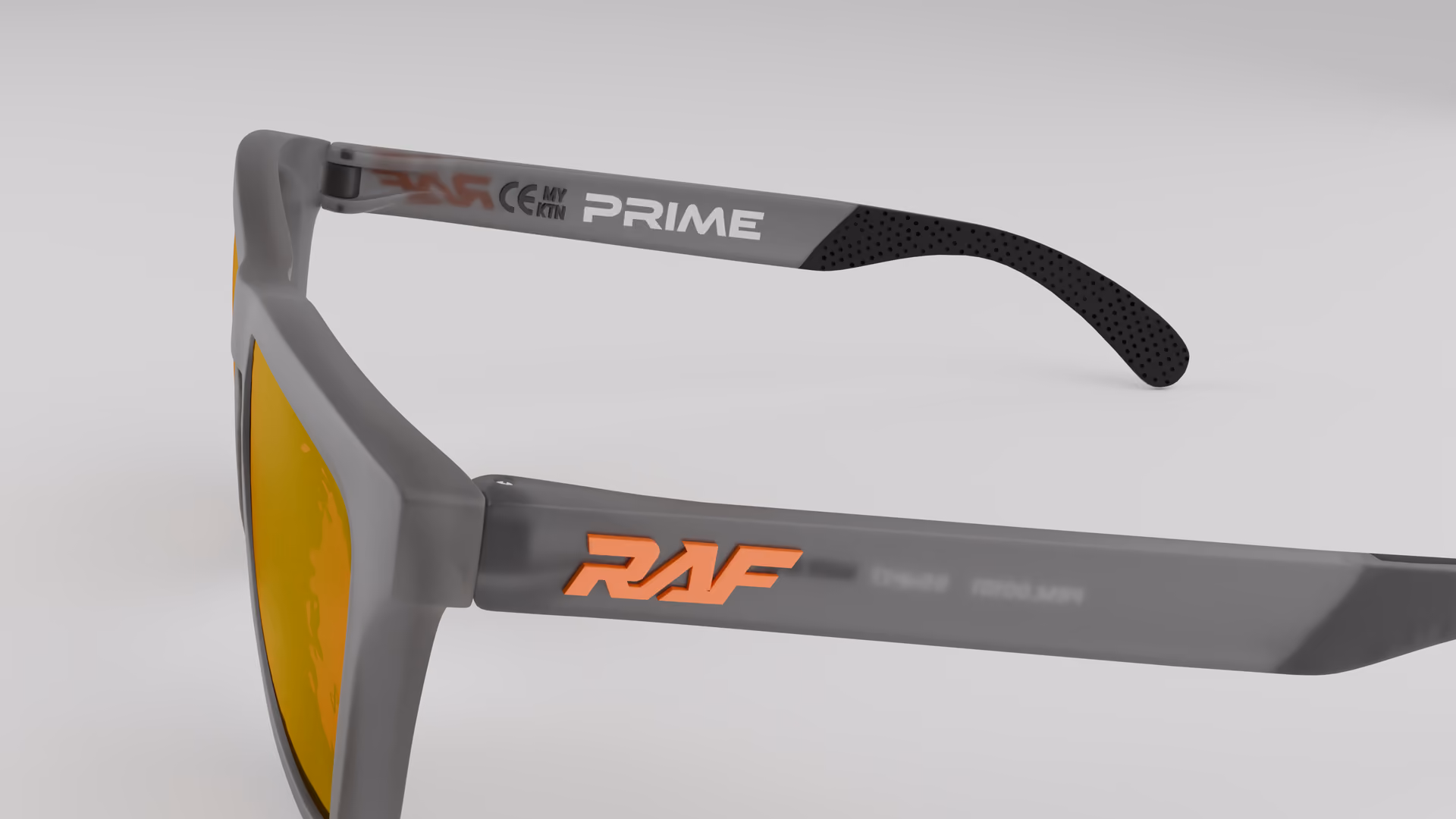 RAF Prime — Matte Grey Smoke in Matte Grey Smoke / Red Ruby — outer temple detail