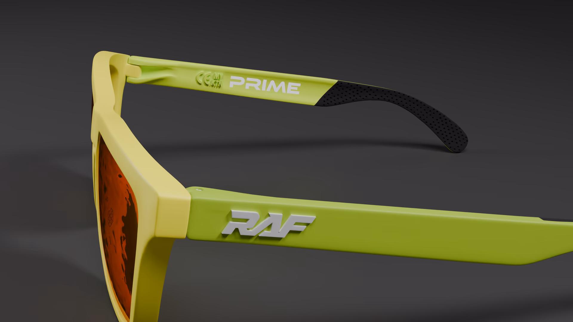 RAF Prime — Neon Green / Yellow in Neon Green / Yellow / Red Ruby — outer temple detail