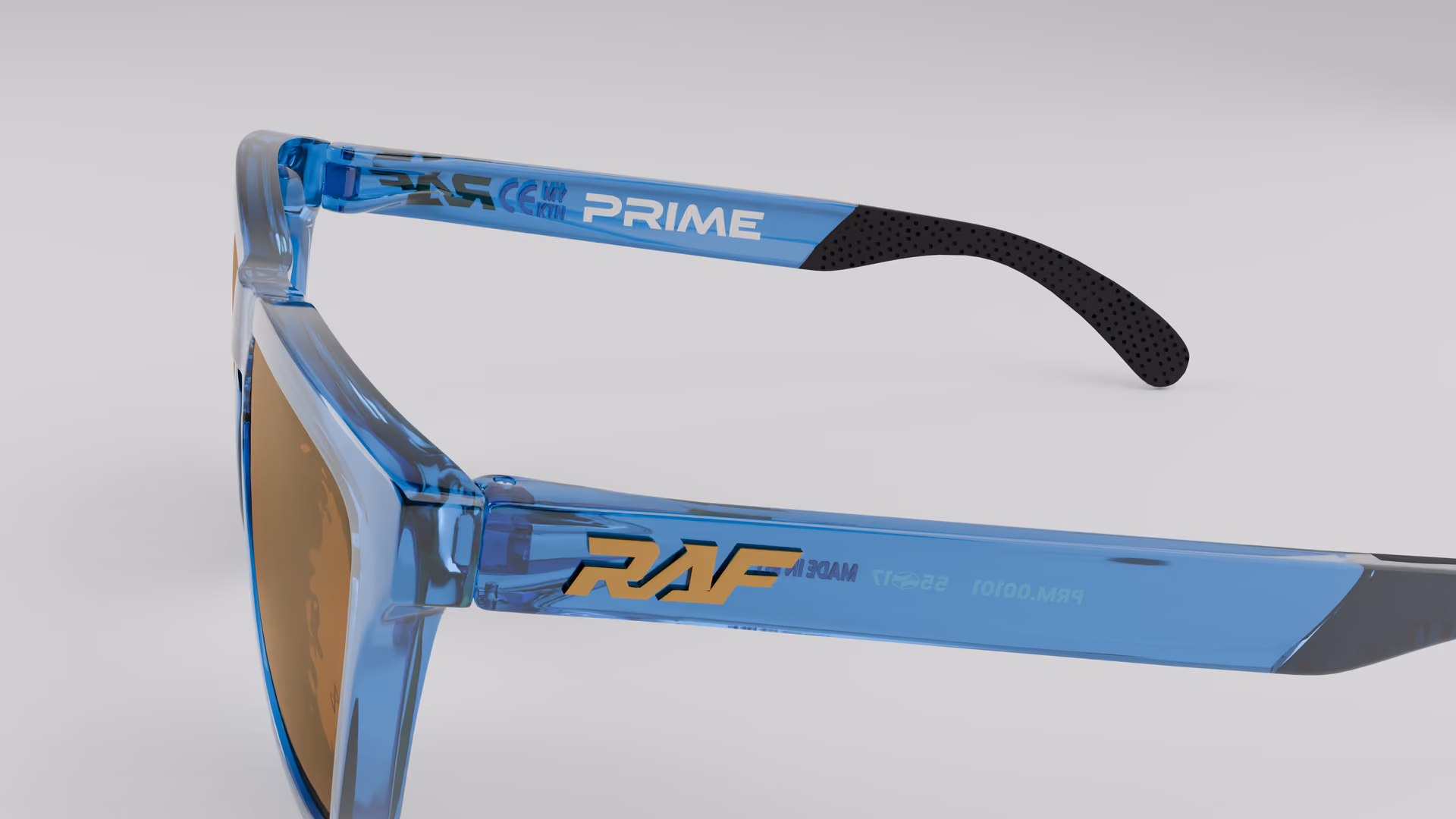 RAF Prime — Transparent Crystal Blue in Transparent Crystal Blue / Gold — outer temple detail