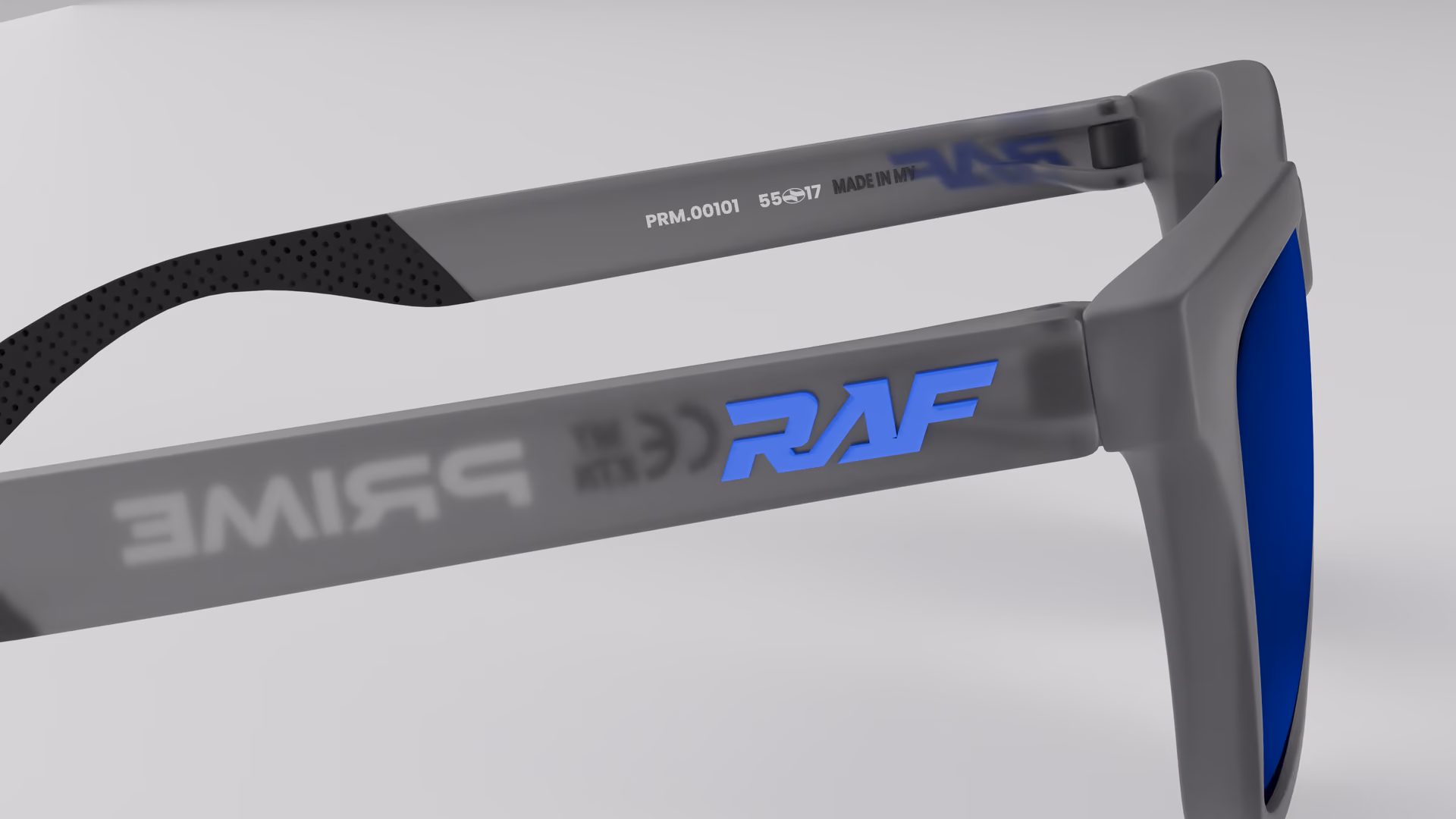 RAF Prime — Matte Grey Smoke in Matte Grey Smoke / Blue — inner temple detail