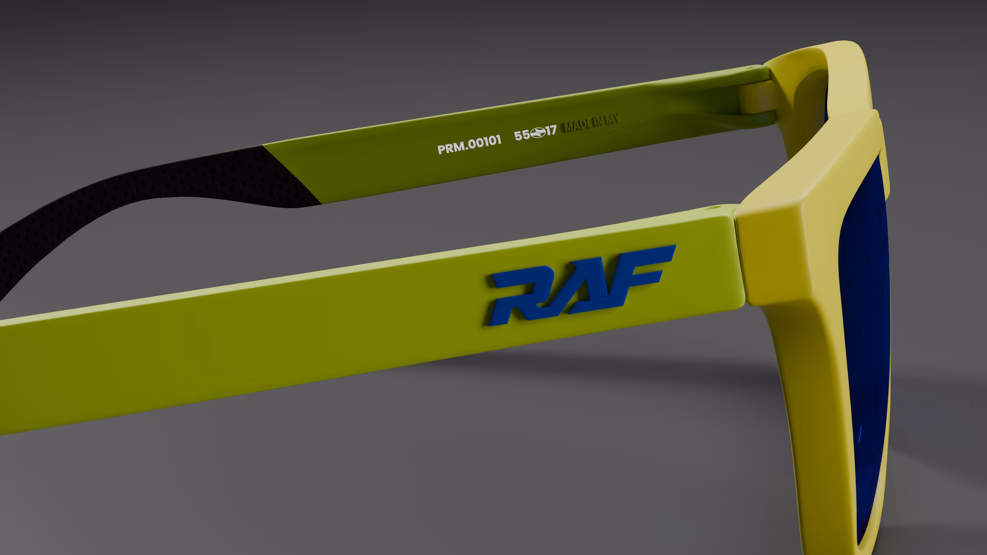 RAF Prime — Neon Green / Yellow in Neon Green / Yellow / Blue — inner temple detail