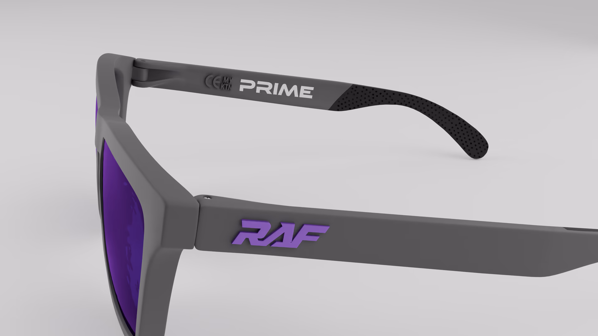 RAF Prime — Matte Nardo Grey in Matte Nardo Grey / Purple — outer temple detail