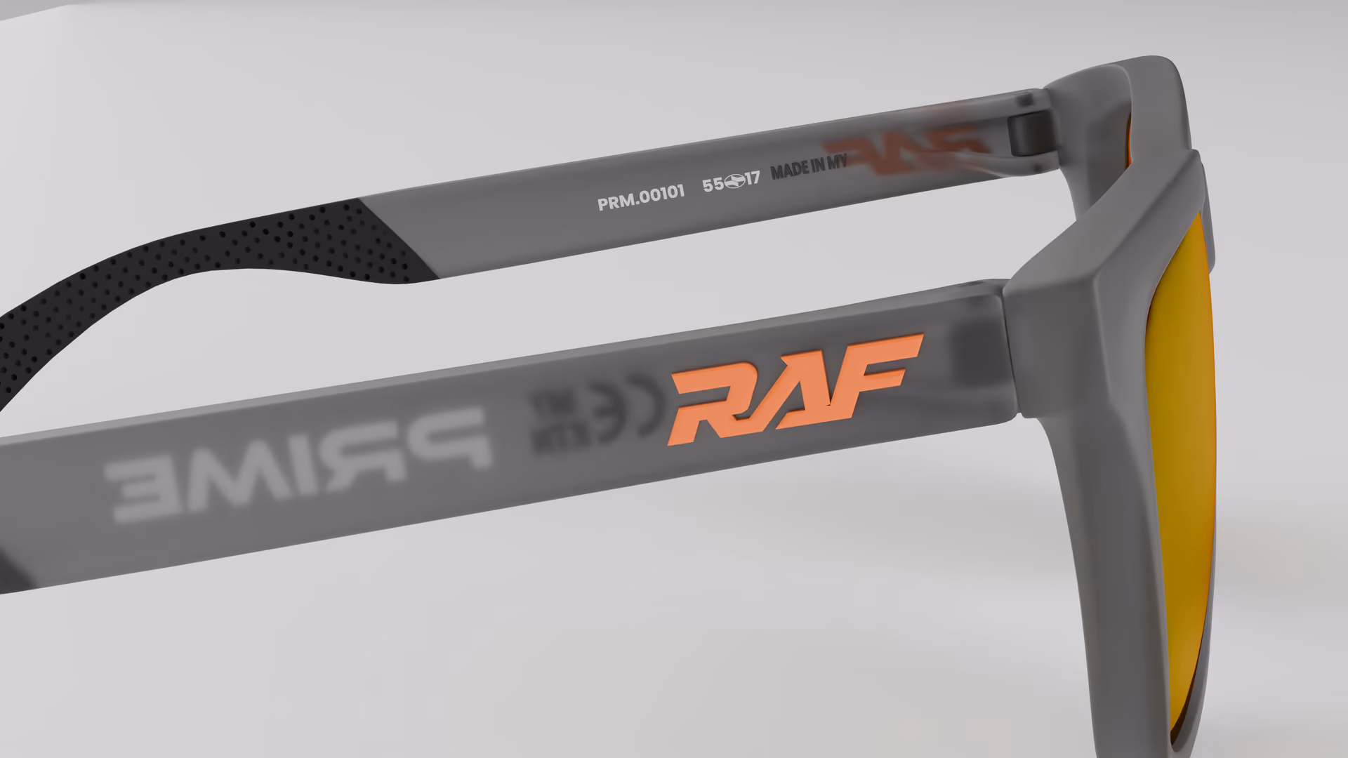 RAF Prime — Matte Grey Smoke in Matte Grey Smoke / Red Ruby — inner temple detail