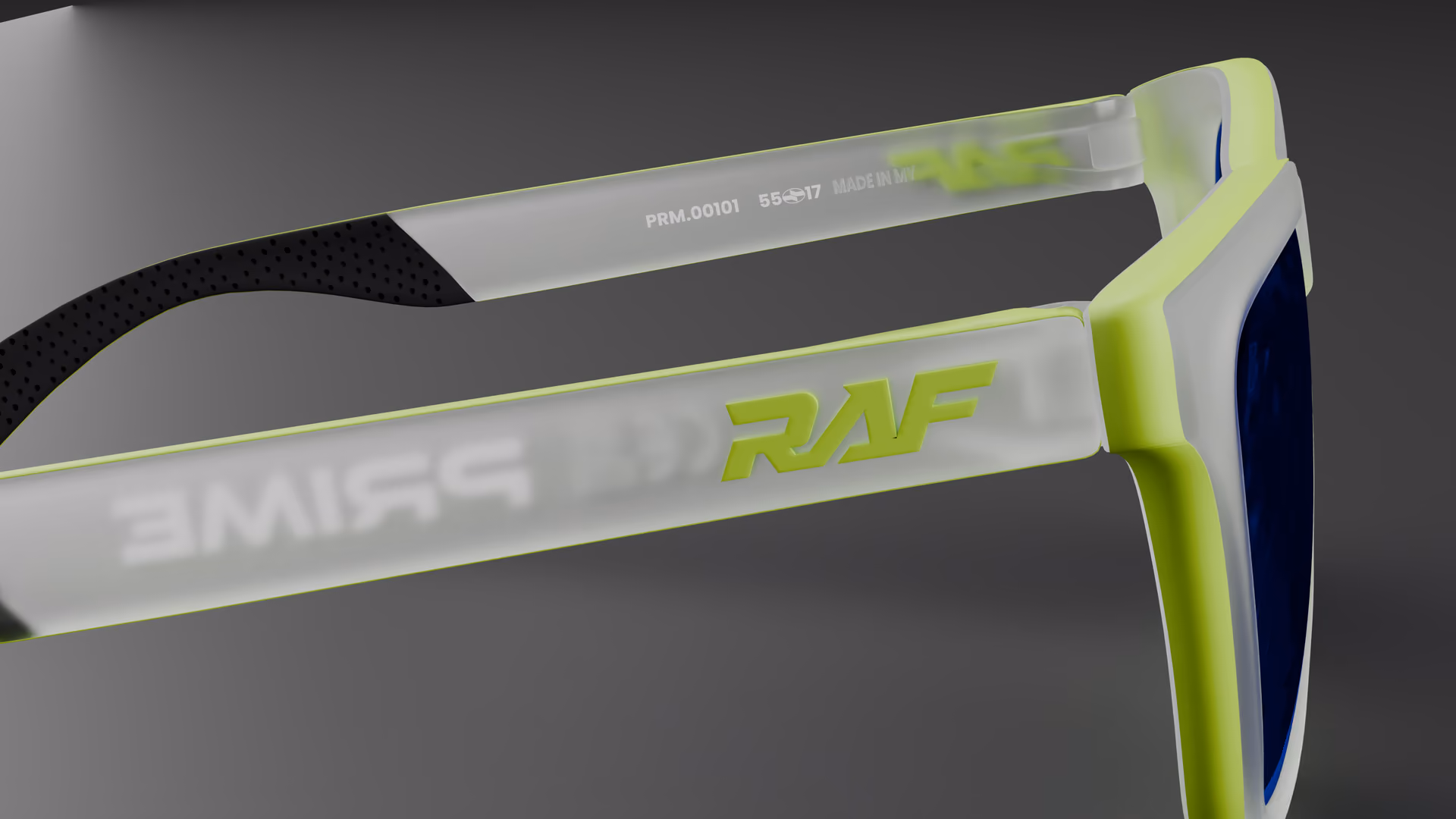 RAF Prime — Matte Neon / Transparent Clear in Matte Neon / Transparent Clear / Blue — inner temple detail