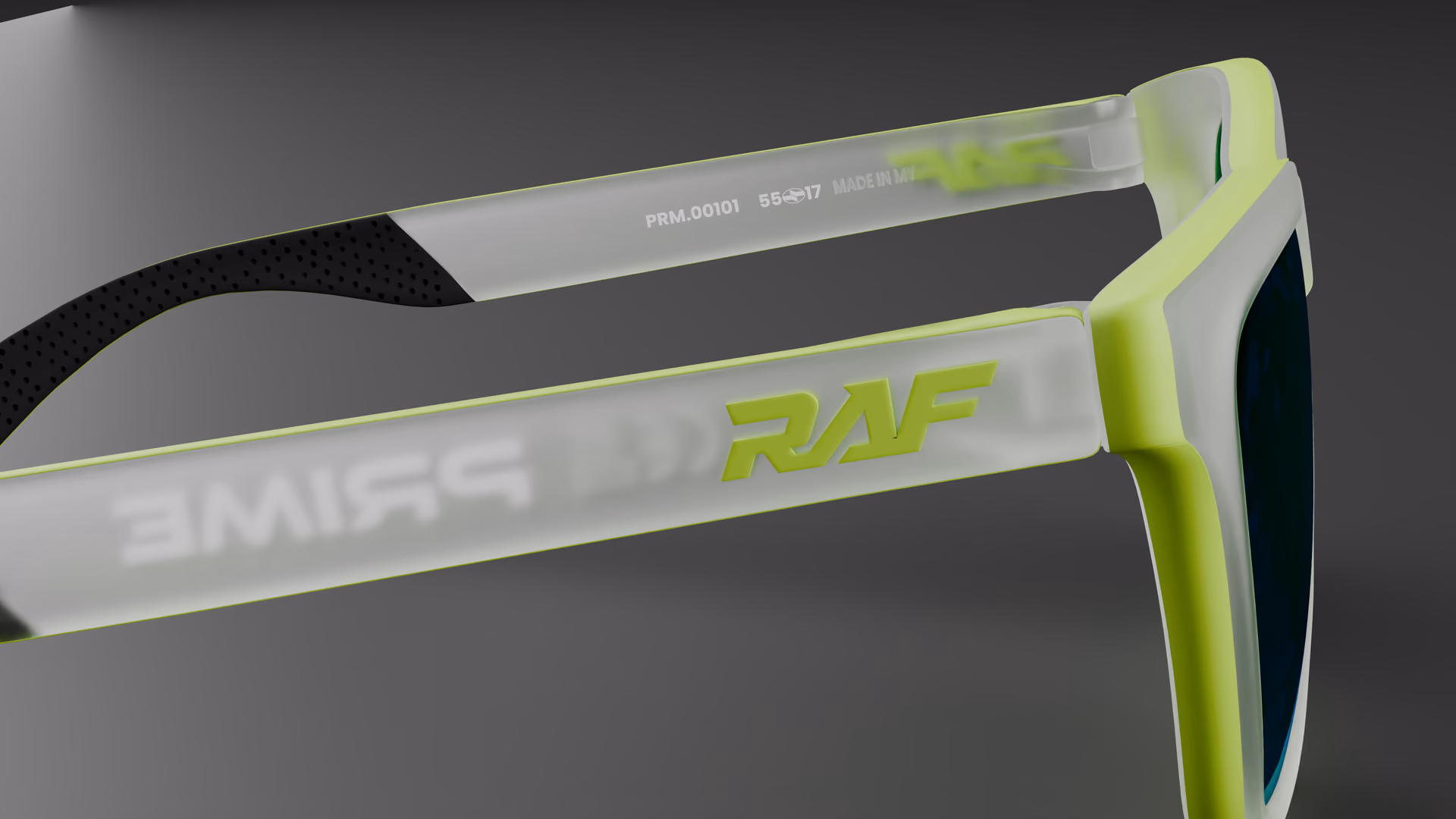 RAF Prime — Matte Neon / Transparent Clear in Matte Neon / Transparent Clear / Green — inner temple detail