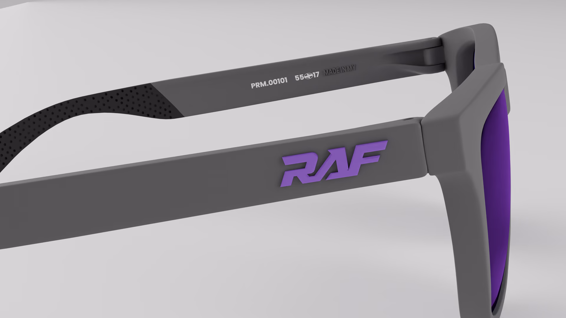RAF Prime — Matte Nardo Grey in Matte Nardo Grey / Purple — inner temple detail
