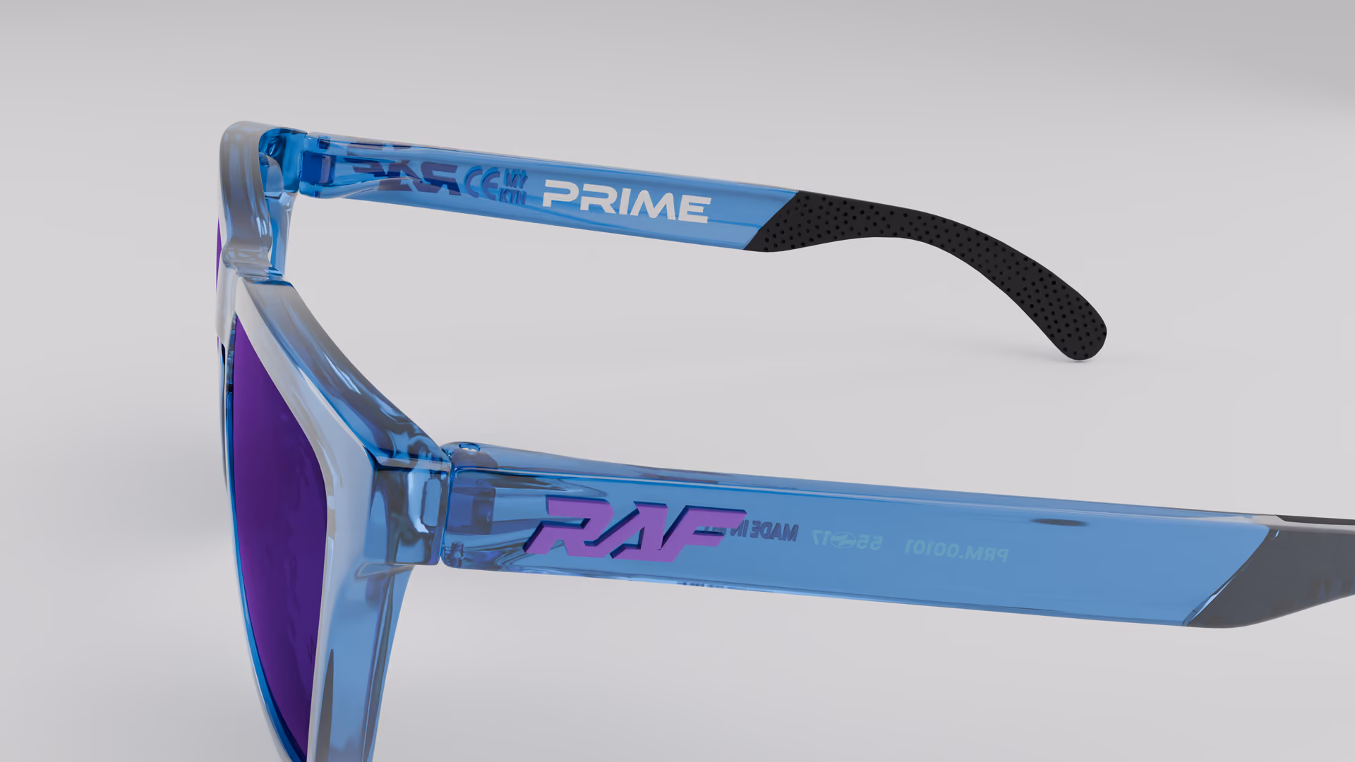 RAF Prime — Transparent Crystal Blue in Transparent Crystal Blue / Purple — outer temple detail