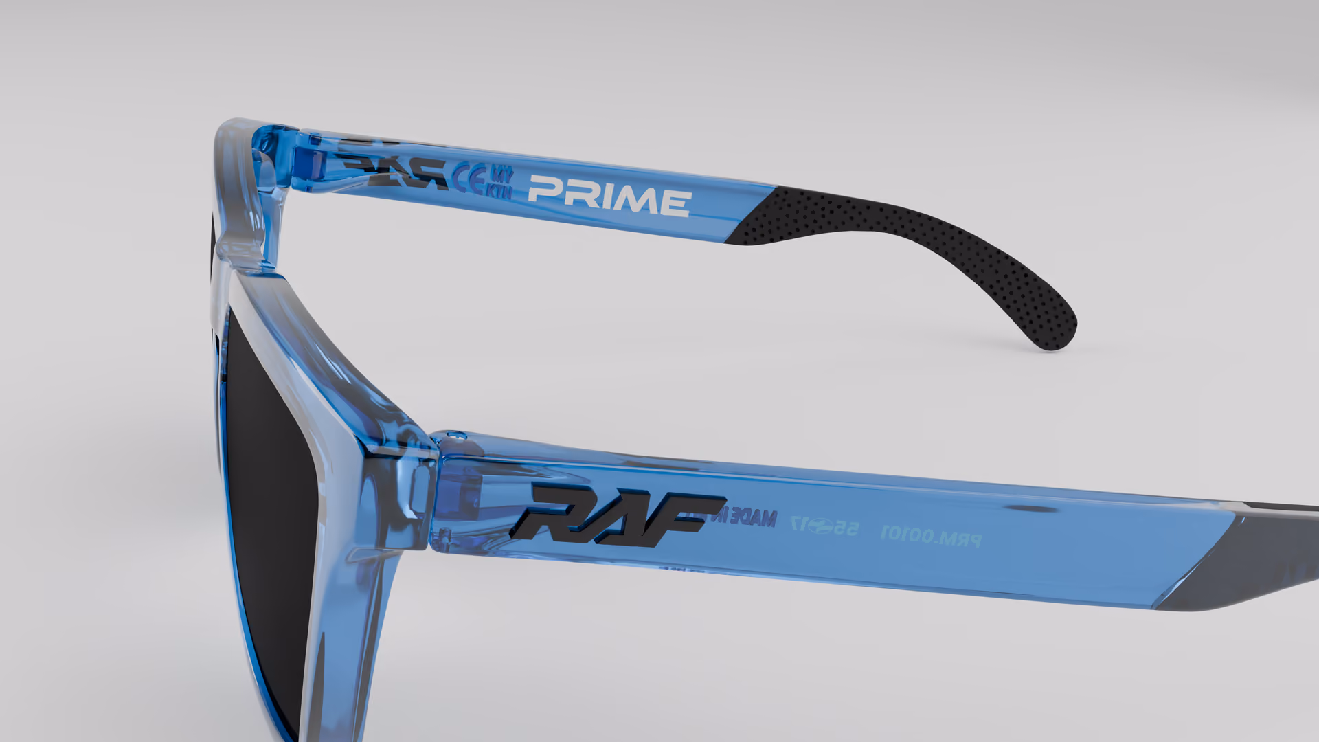 RAF Prime — Transparent Crystal Blue in Transparent Crystal Blue / Black — outer temple detail