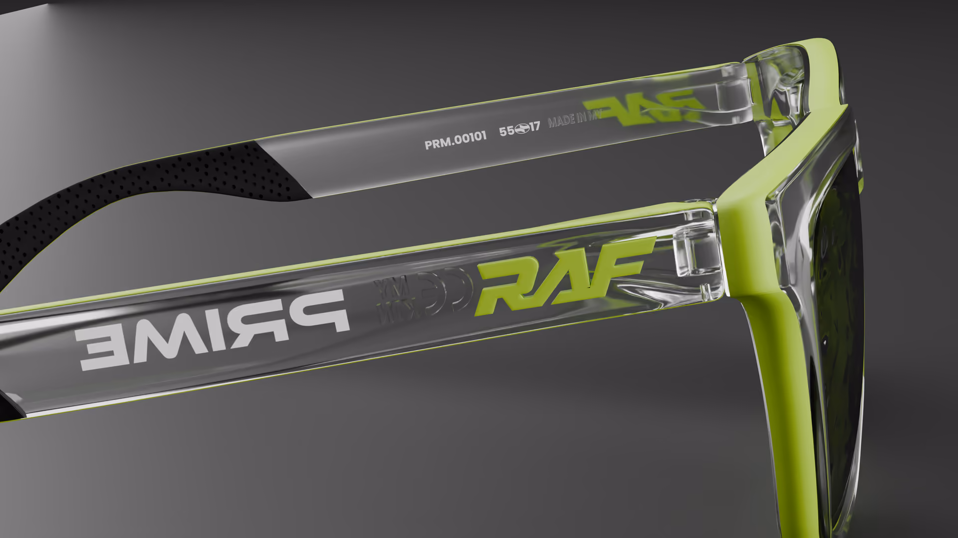 RAF Prime — Matte Neon / Transparent Clear in Matte Neon / Transparent Clear / Silver — inner temple detail