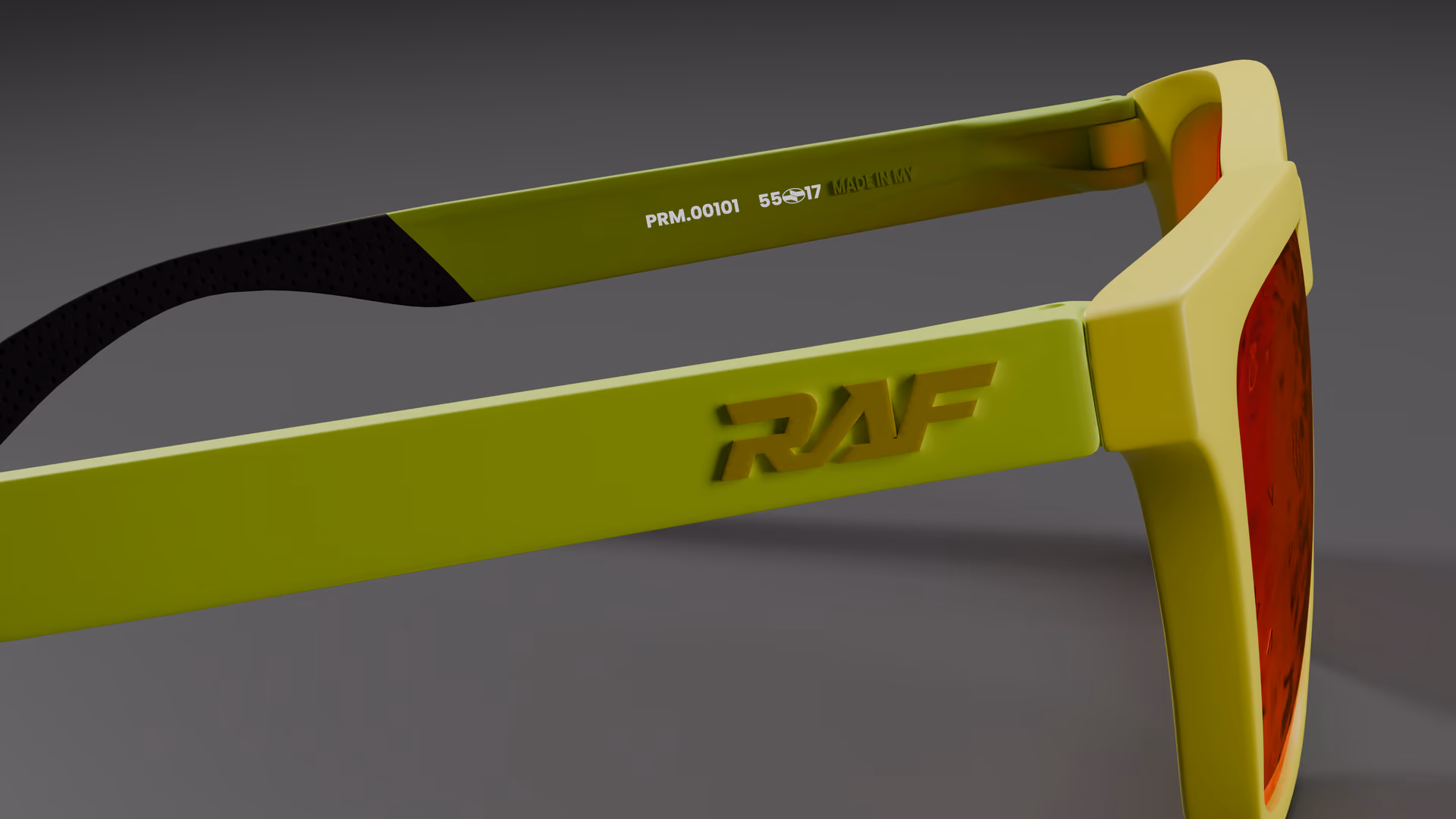 RAF Prime — Neon Green / Yellow in Neon Green / Yellow / Light Pink Purple — inner temple detail
