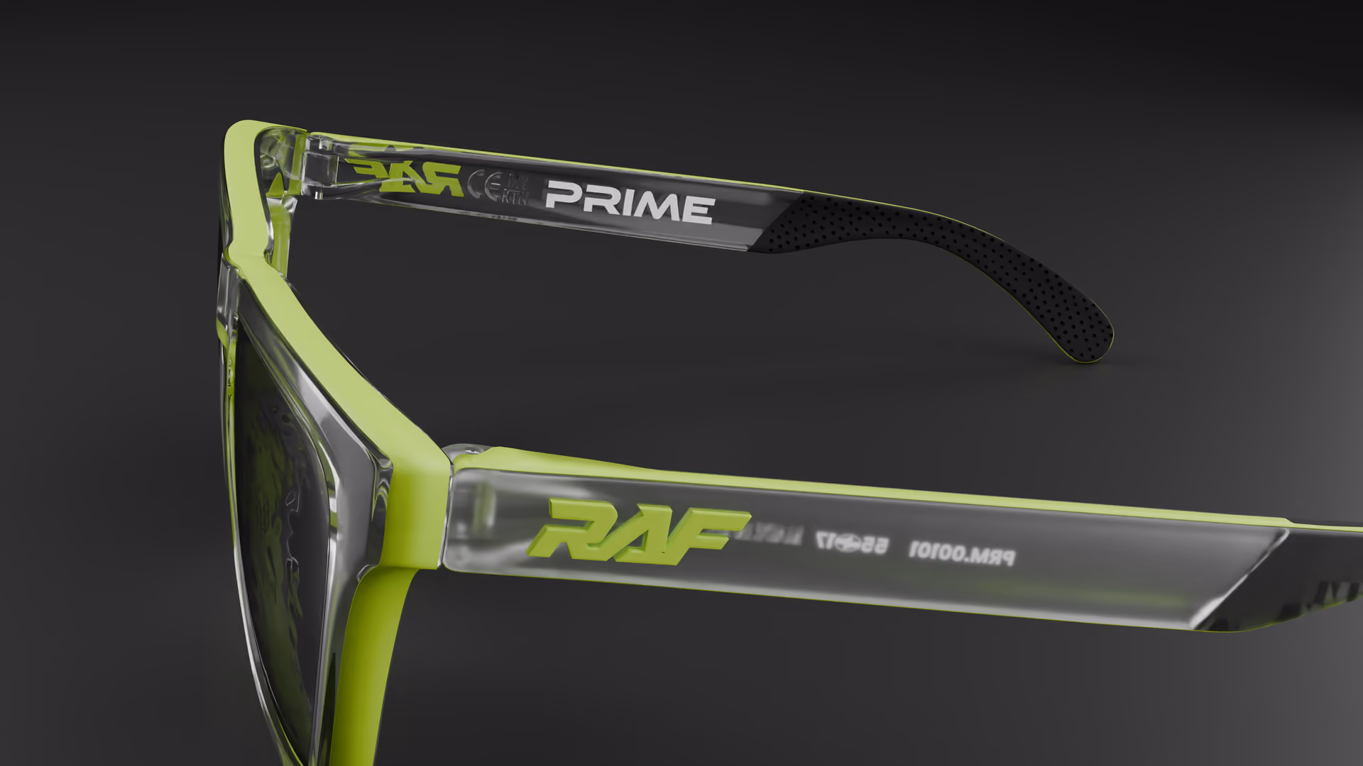 RAF Prime — Matte Neon / Transparent Clear in Matte Neon / Transparent Clear / Silver — outer temple detail
