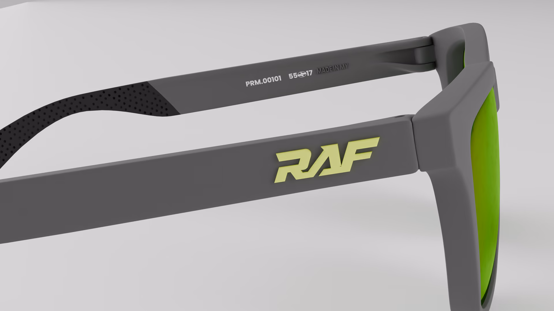 RAF Prime — Matte Nardo Grey in Matte Nardo Grey / Green — inner temple detail