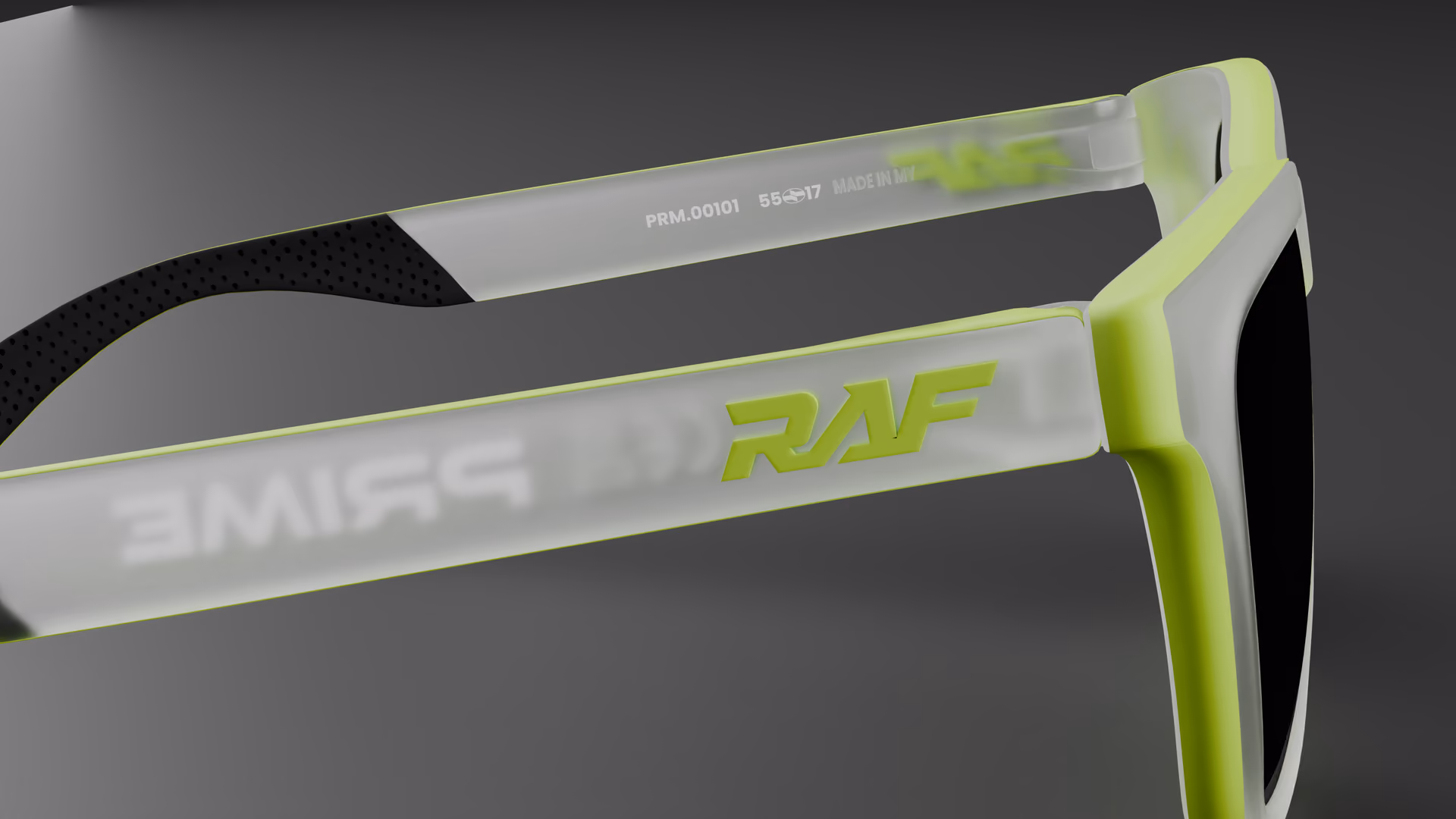 RAF Prime — Matte Neon / Transparent Clear in Matte Neon / Transparent Clear / Black — inner temple detail